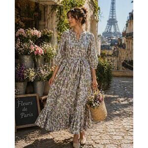 SZ Blockprints Feminine Lilac/ Green Floral Tie Midi Dress Sz Medium